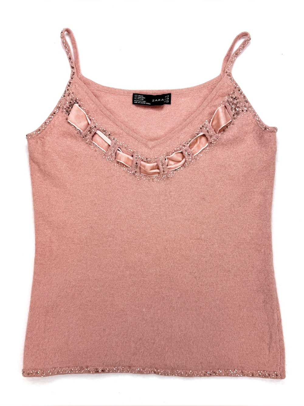 Zara Pink Angora Wool Beaded Cami Top S/M Y2K Coquette Fairy Indie Sleaze Whimsy